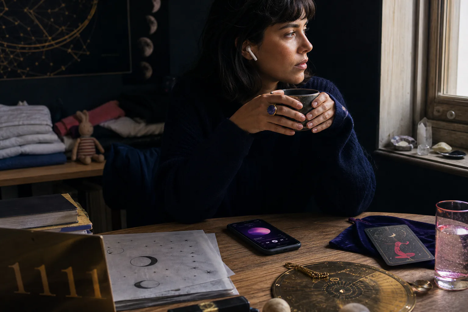 Person listening to audio beside a quiet morning window