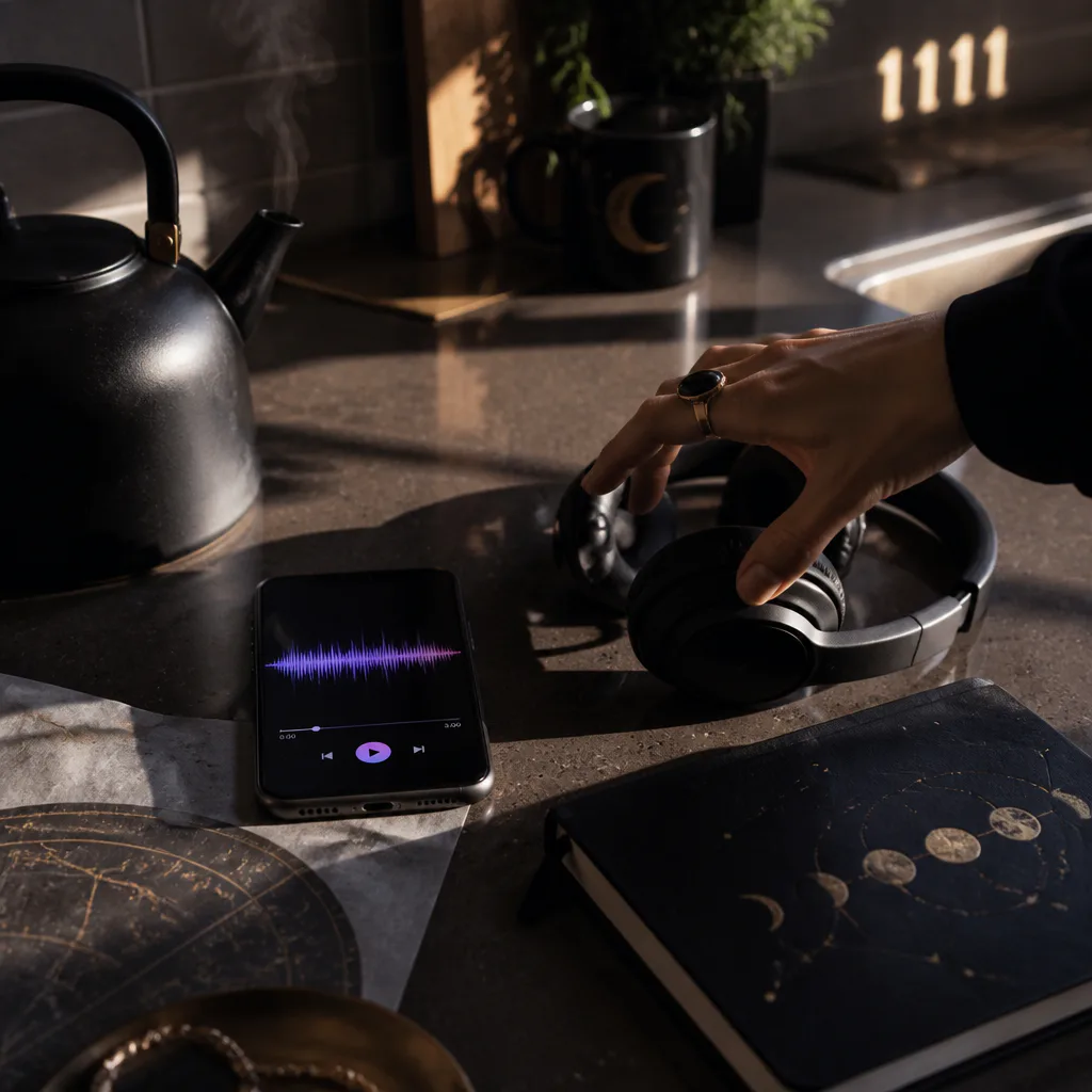 Phone and headphones beside a morning kettle