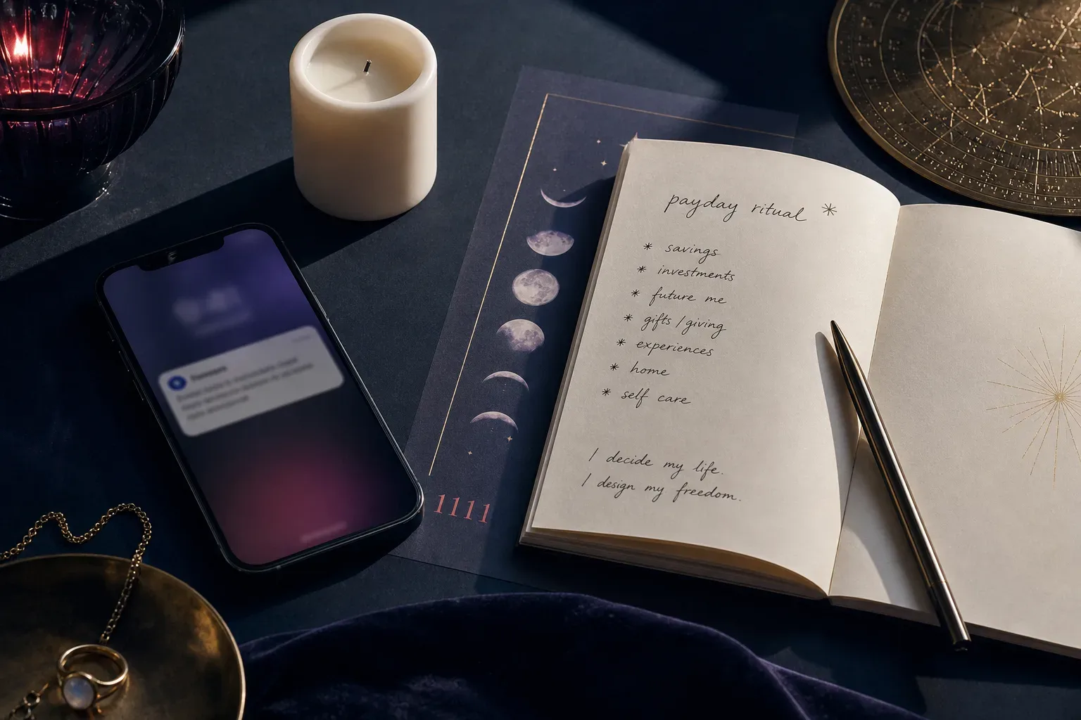 Paycheck ritual setup with phone, candle, and notebook