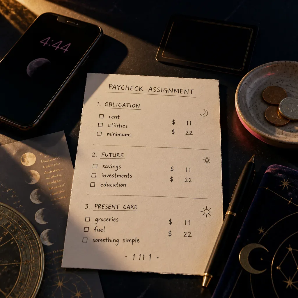 Notebook assigning paycheck to three clear roles