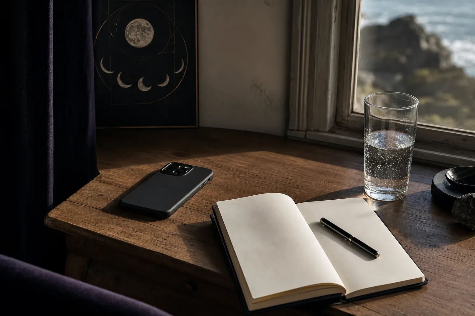 Phone and notebook beside a quiet morning window