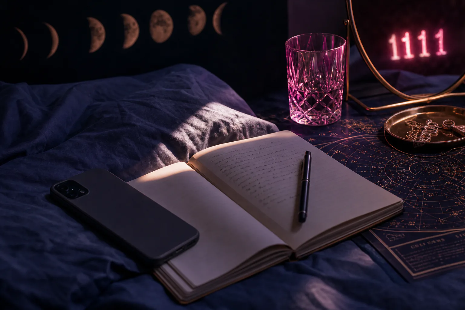 Phone and journal on a quiet morning bed