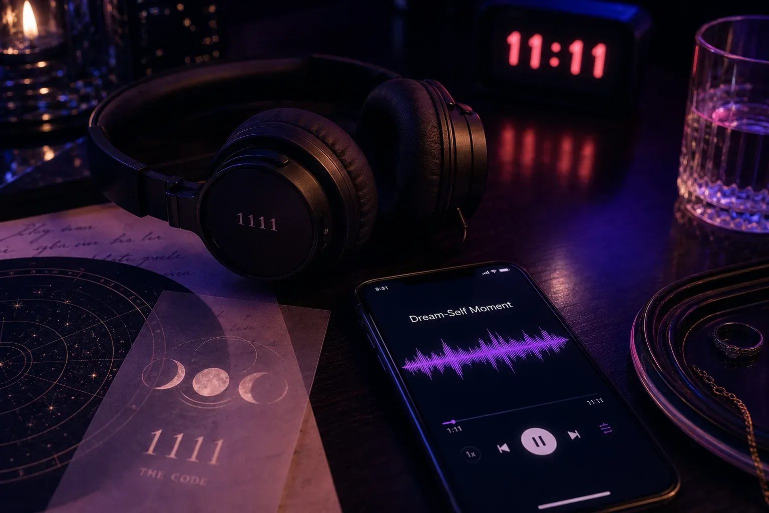 Headphones beside a glowing audio waveform at night