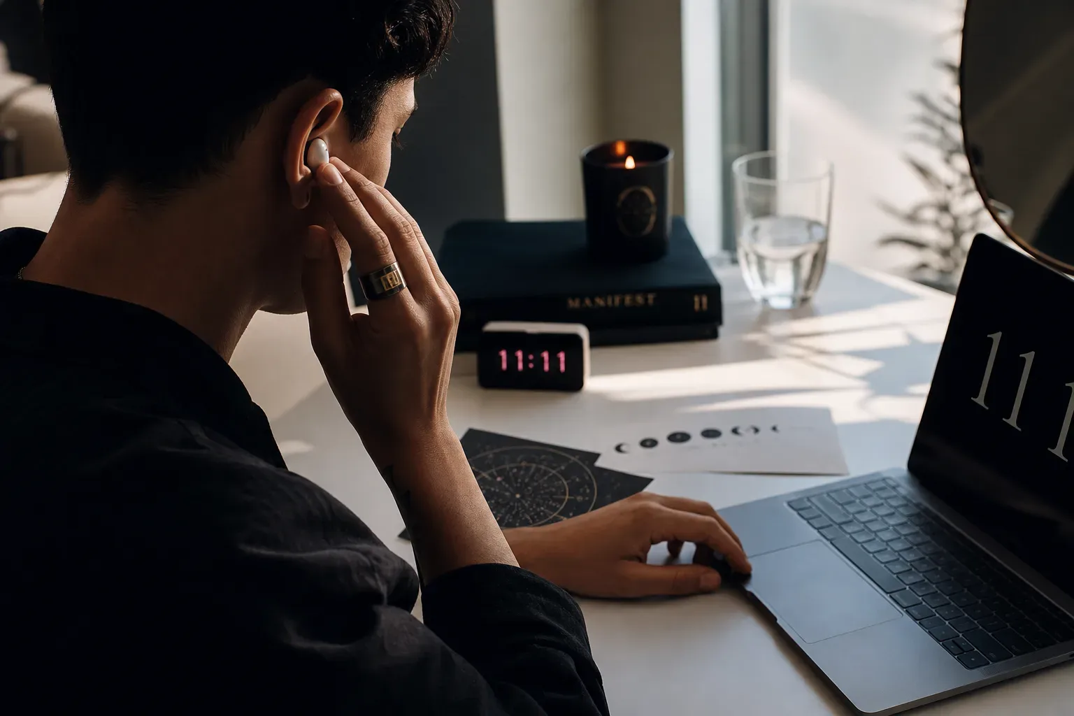 Person listening before starting focused desk work