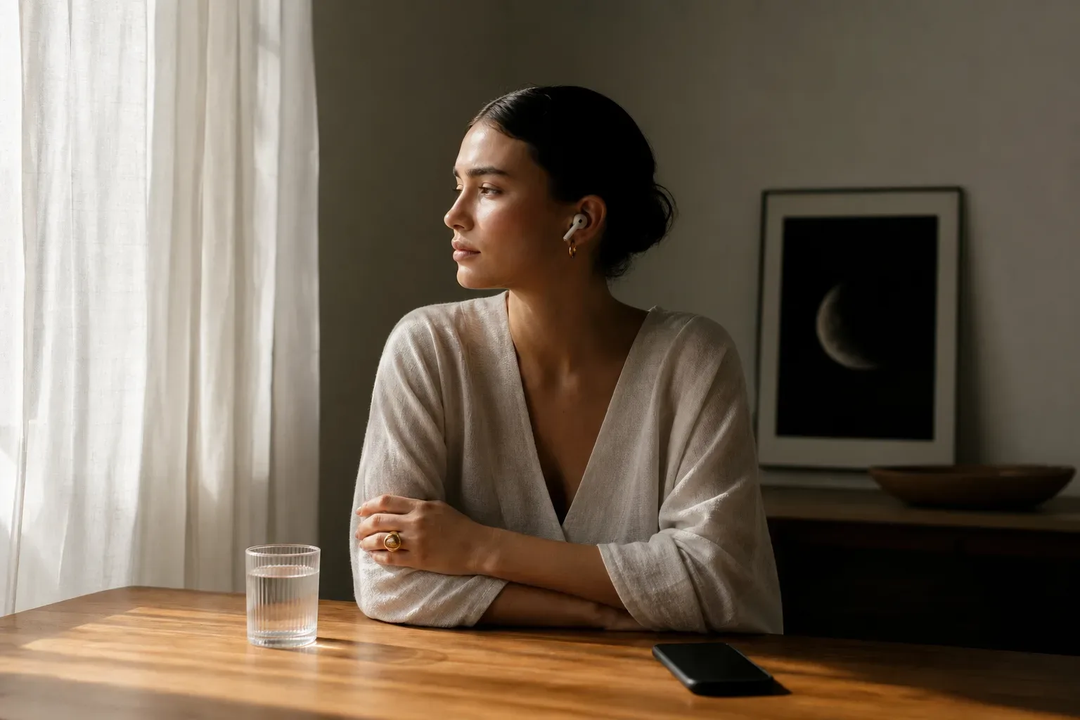 Person listening quietly beside a morning window