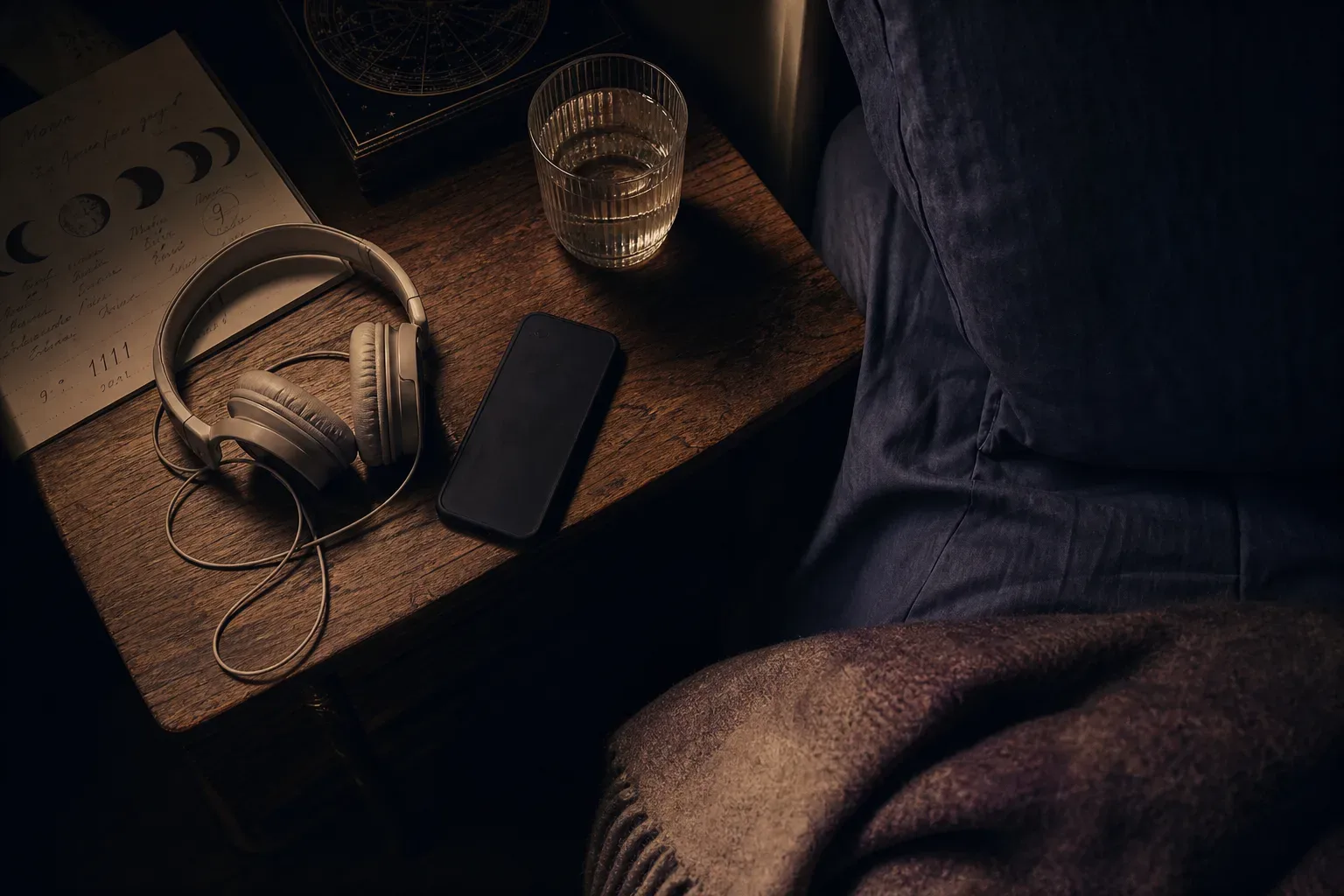 Phone beside bed with headphones in dim light