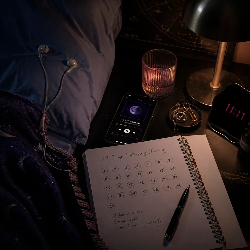 Phone beside a 29-day listening tracker