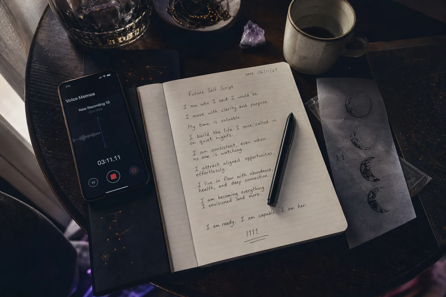 Notebook and phone beside a morning cup