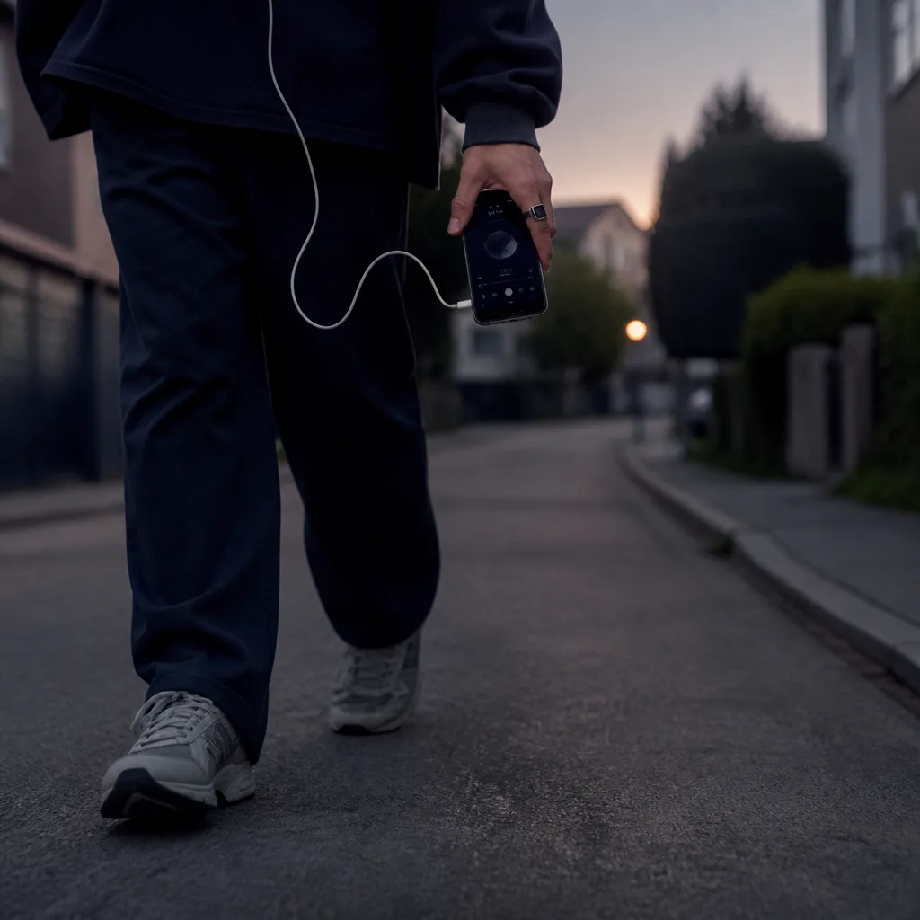 Person listening to audio during a morning walk