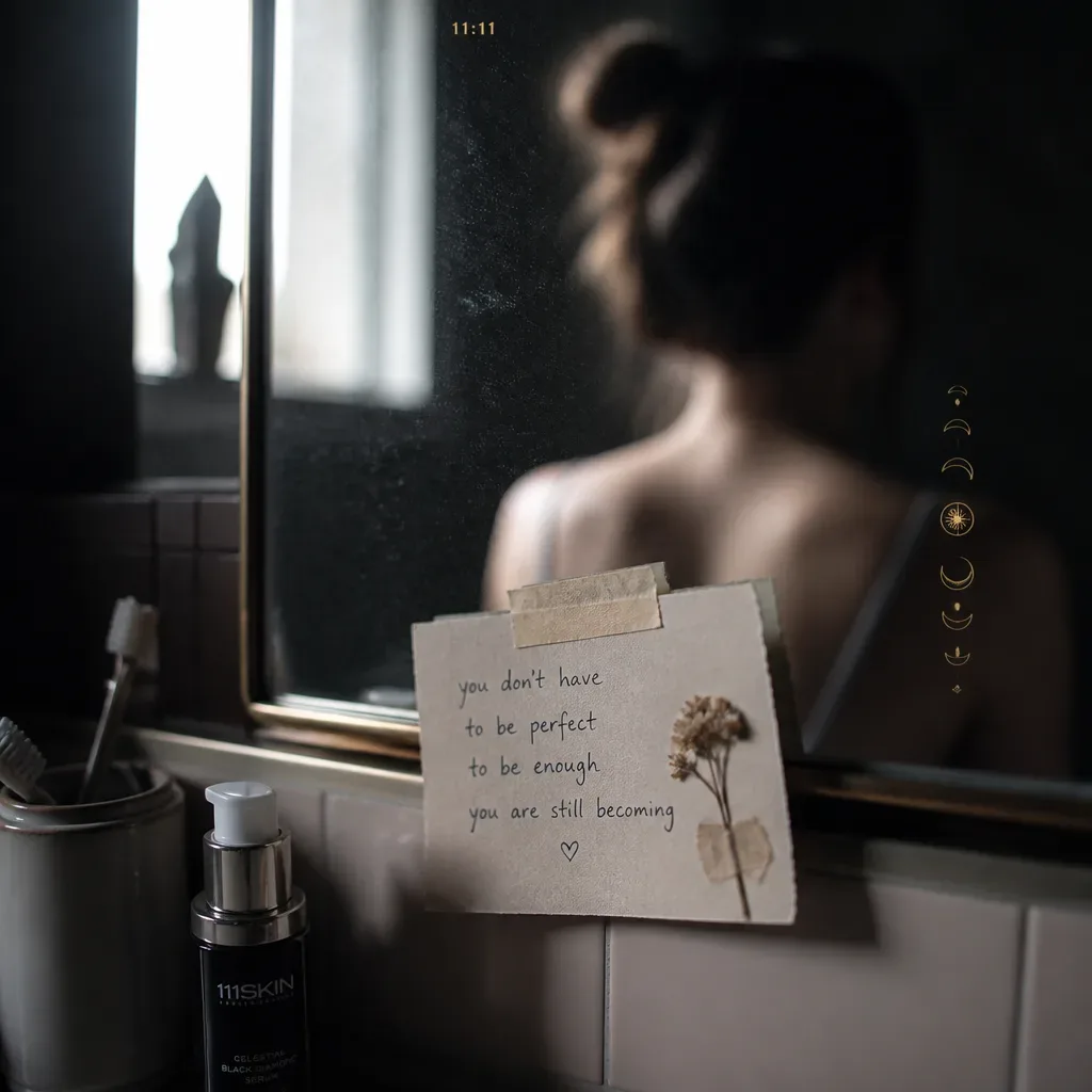 Handwritten affirmations taped to a bathroom mirror