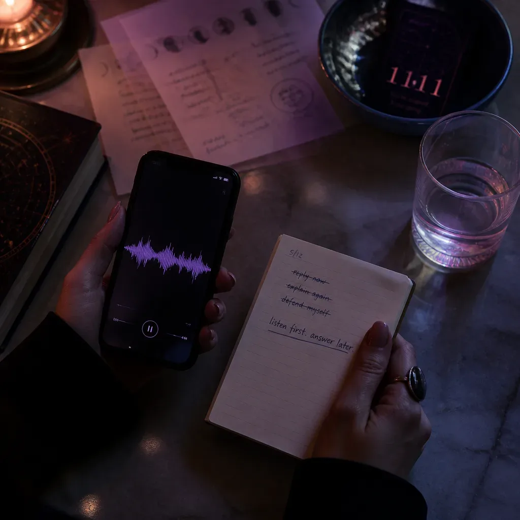 Phone audio and notebook on a dusk table