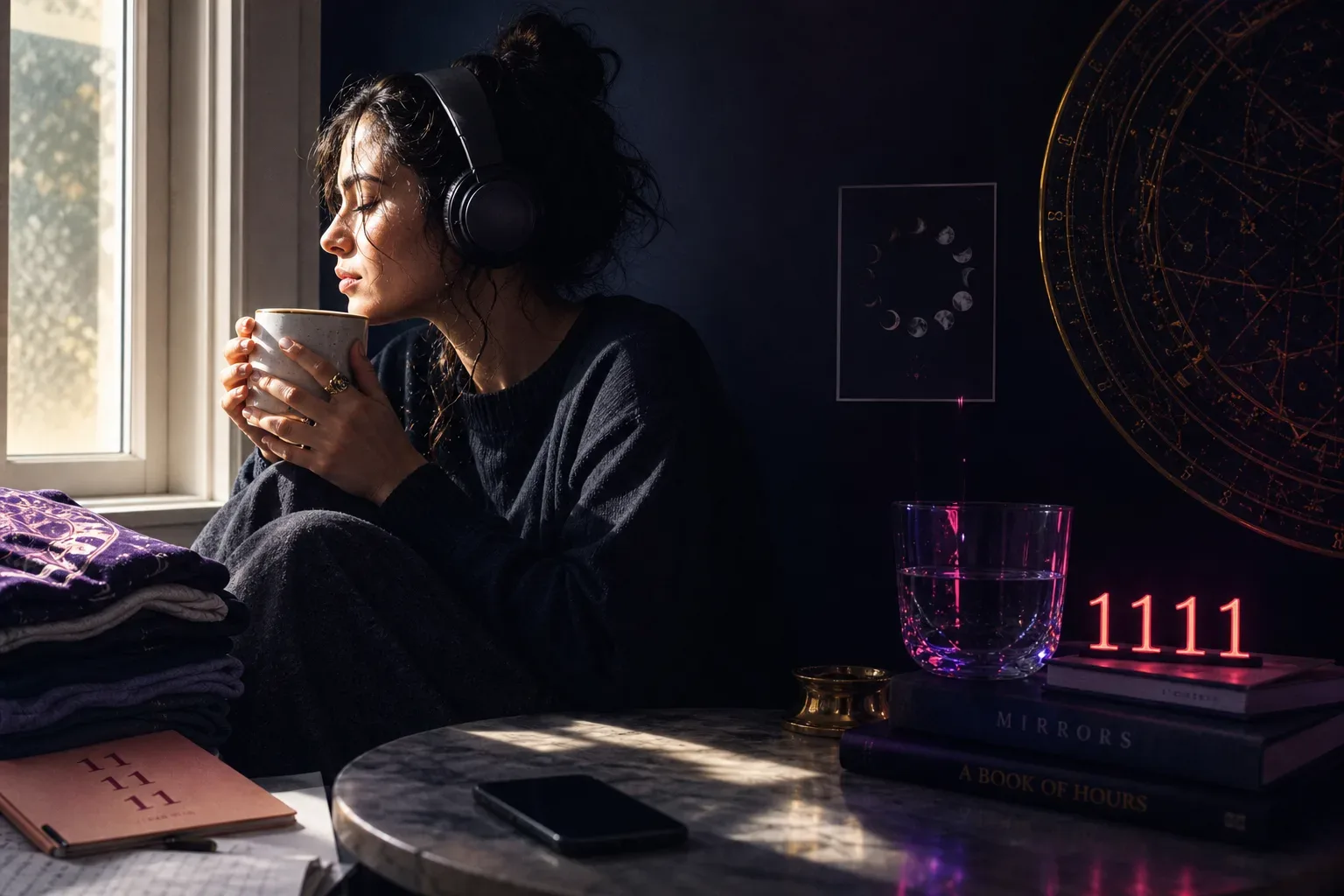 Person listening quietly beside a morning window