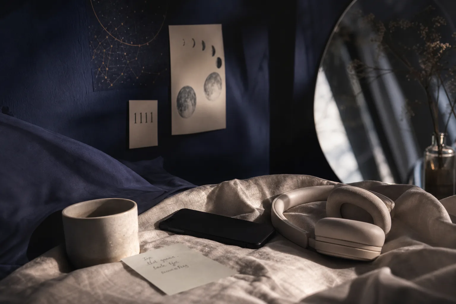 Quiet desk with headphones and a handwritten note