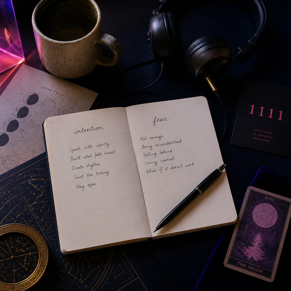 Notebook with intention and fear beside headphones