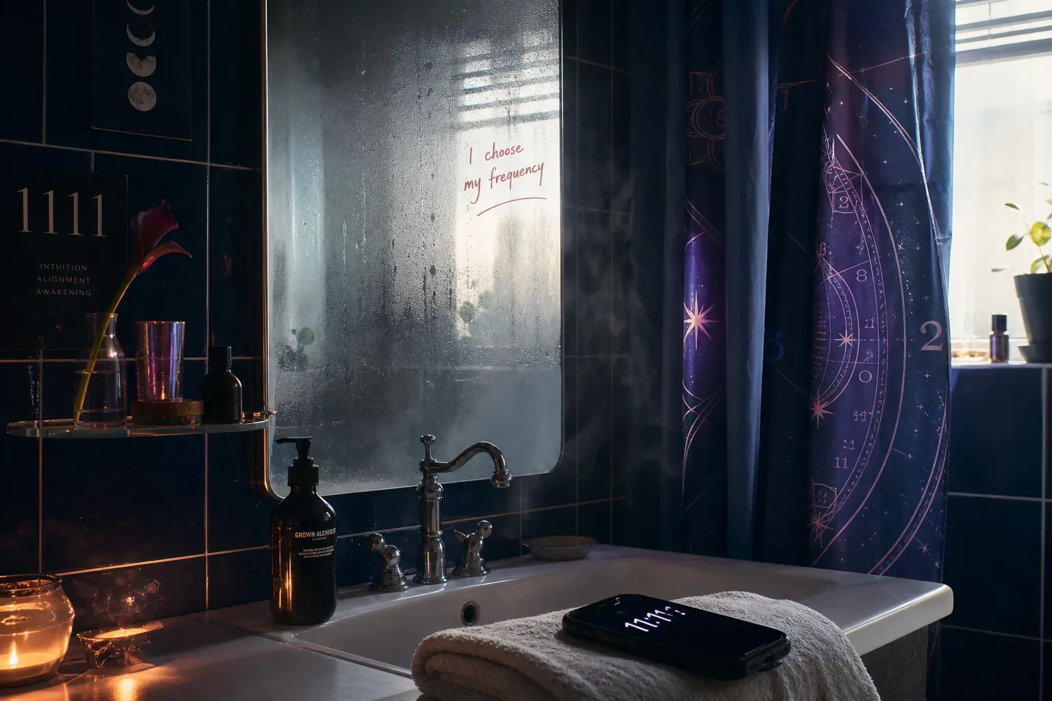 Morning shower steam beside a phone on dry towel