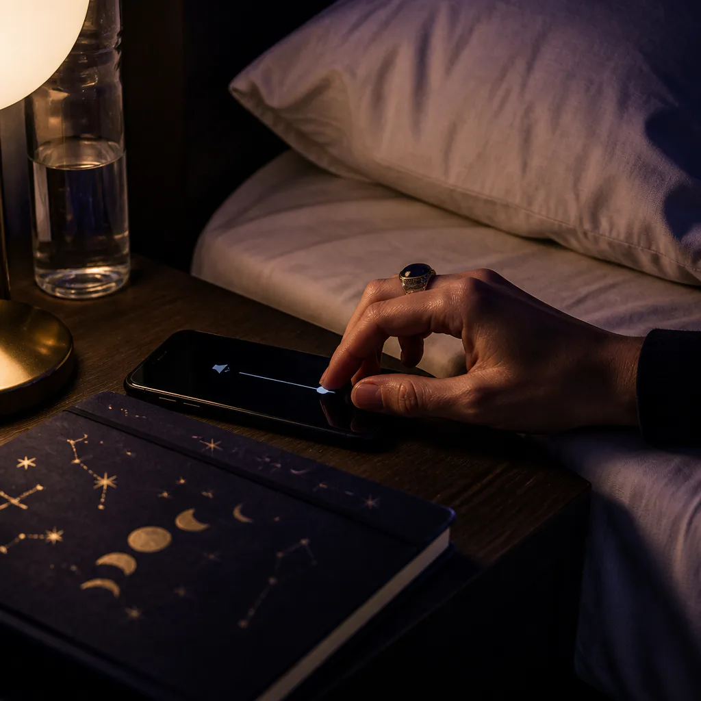 Hand lowering phone volume beside bed