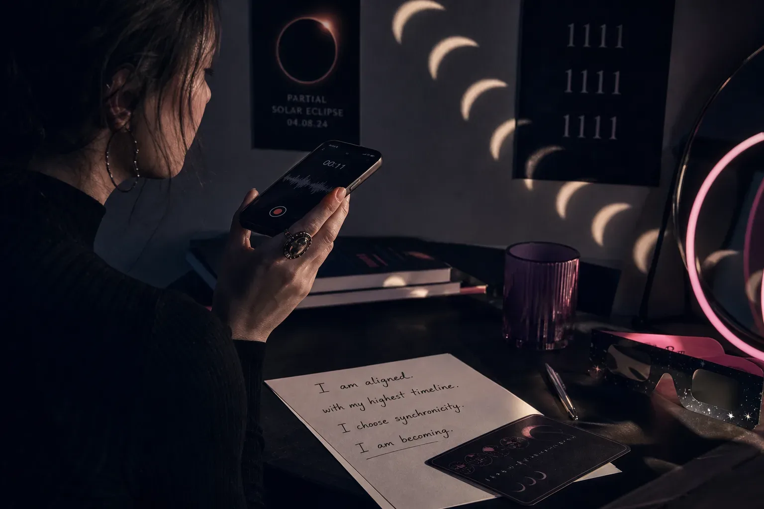 Woman recording audio beside eclipse shadow on wall