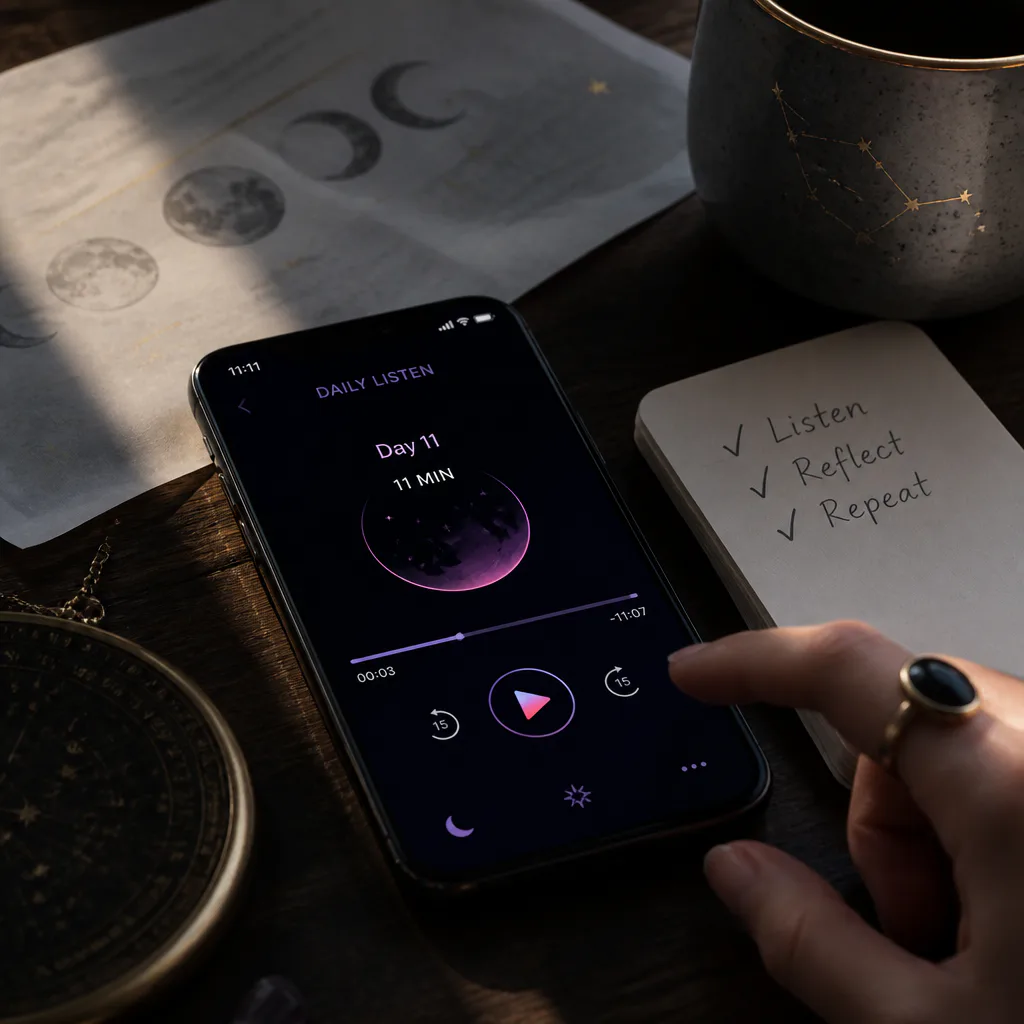 Phone playing audio beside a small notebook