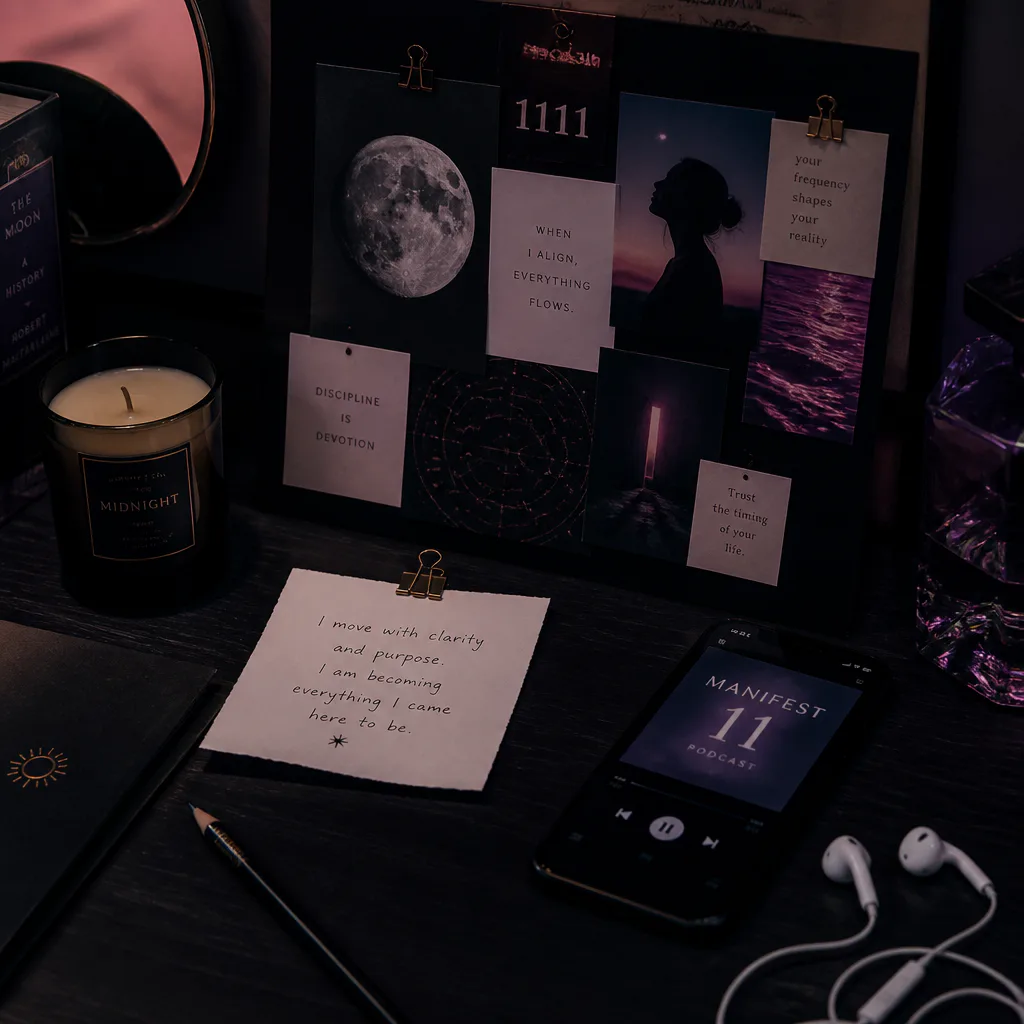 Vision board and affirmation card beside headphones