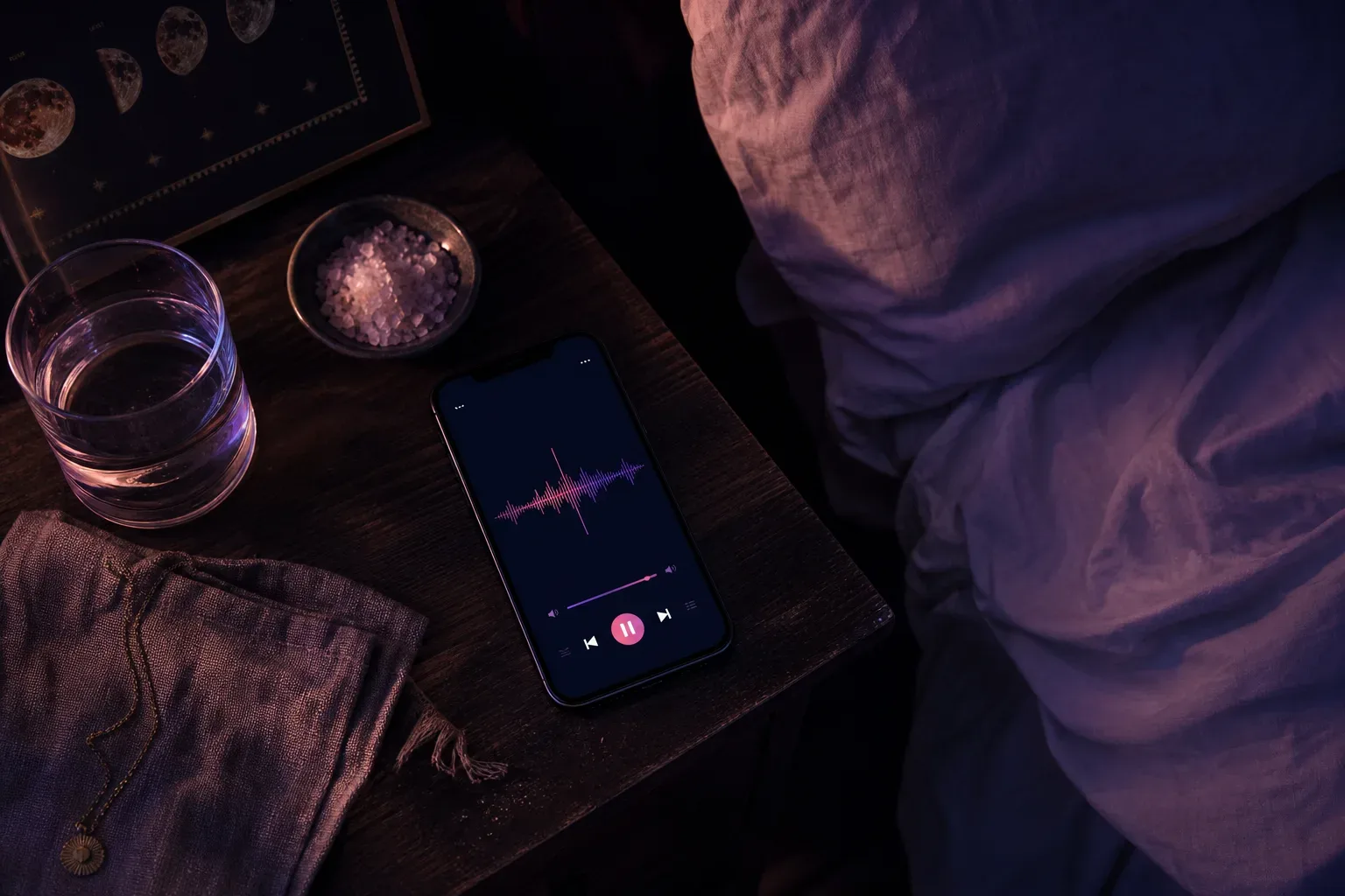 Telefon przy łóżku odtwarzający łagodne audio przyszłego ja