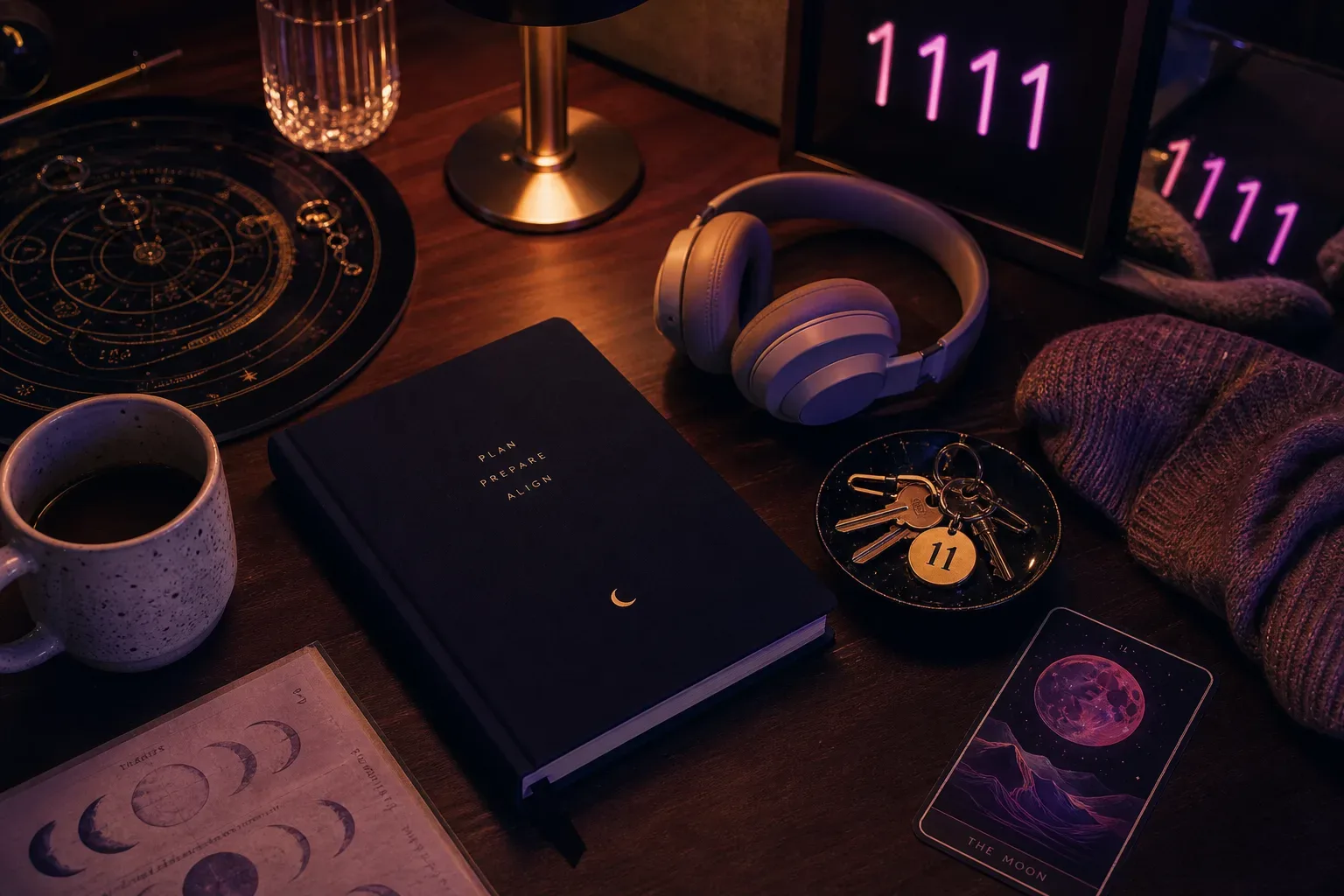 Quiet desk with candle notebook and headphones