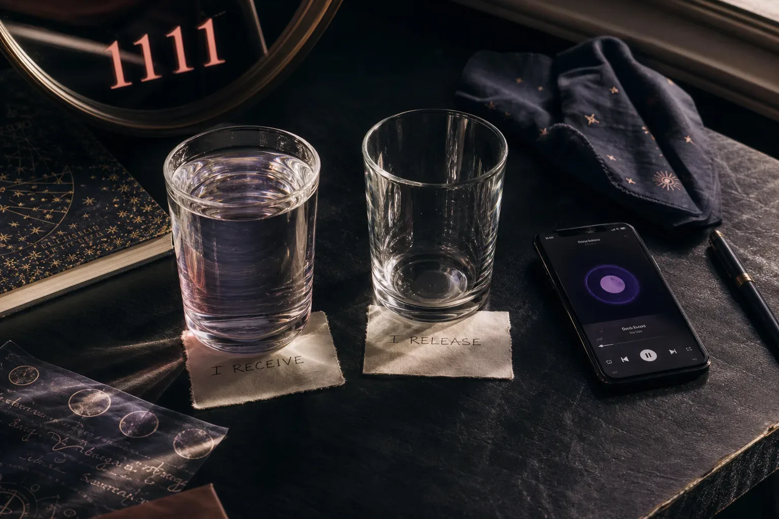 Two cups beside a phone on a quiet table
