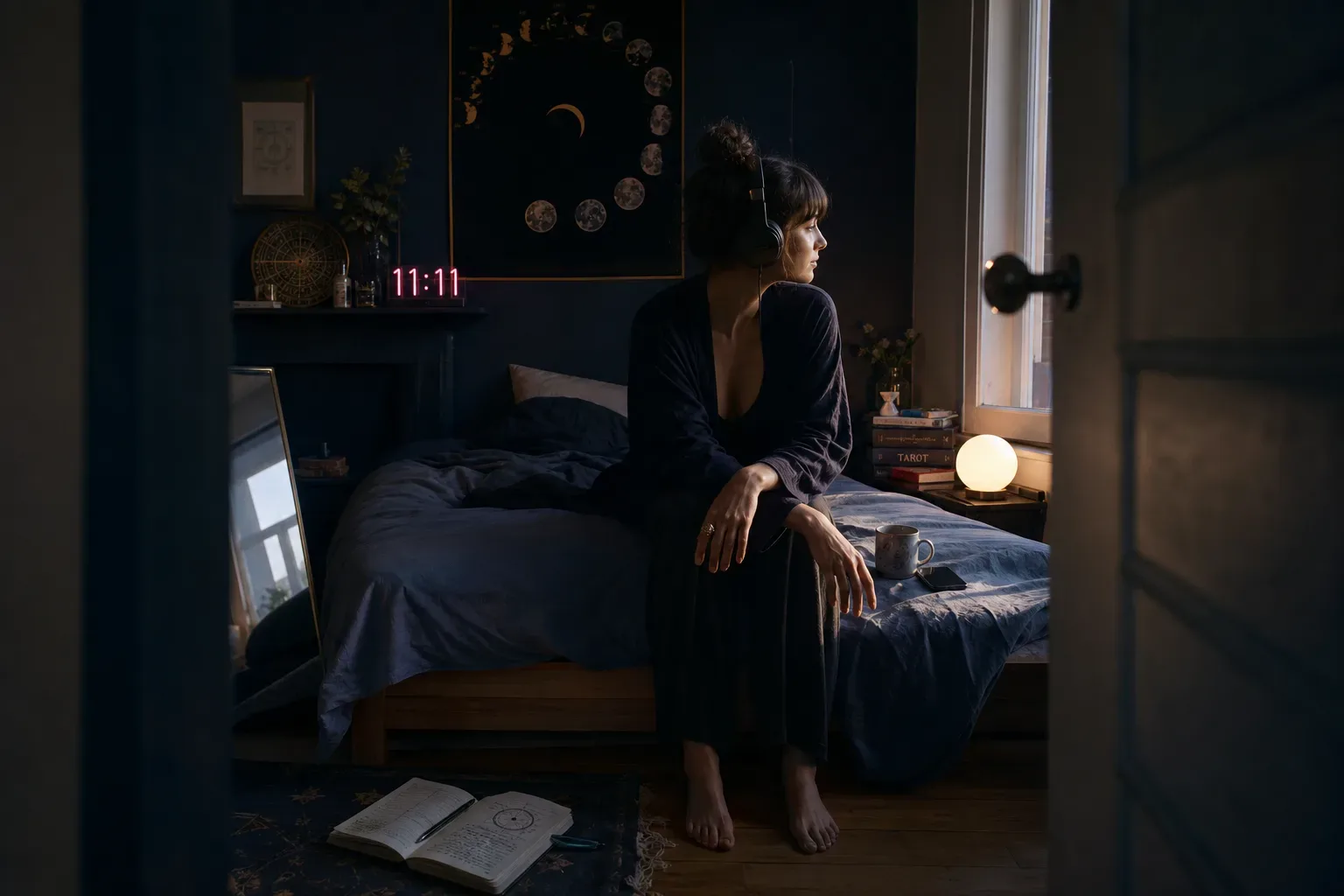 Woman listening quietly beside a dim window