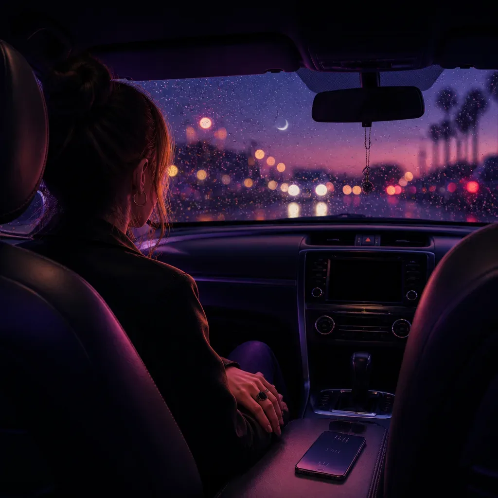 Woman pausing in car before checking phone