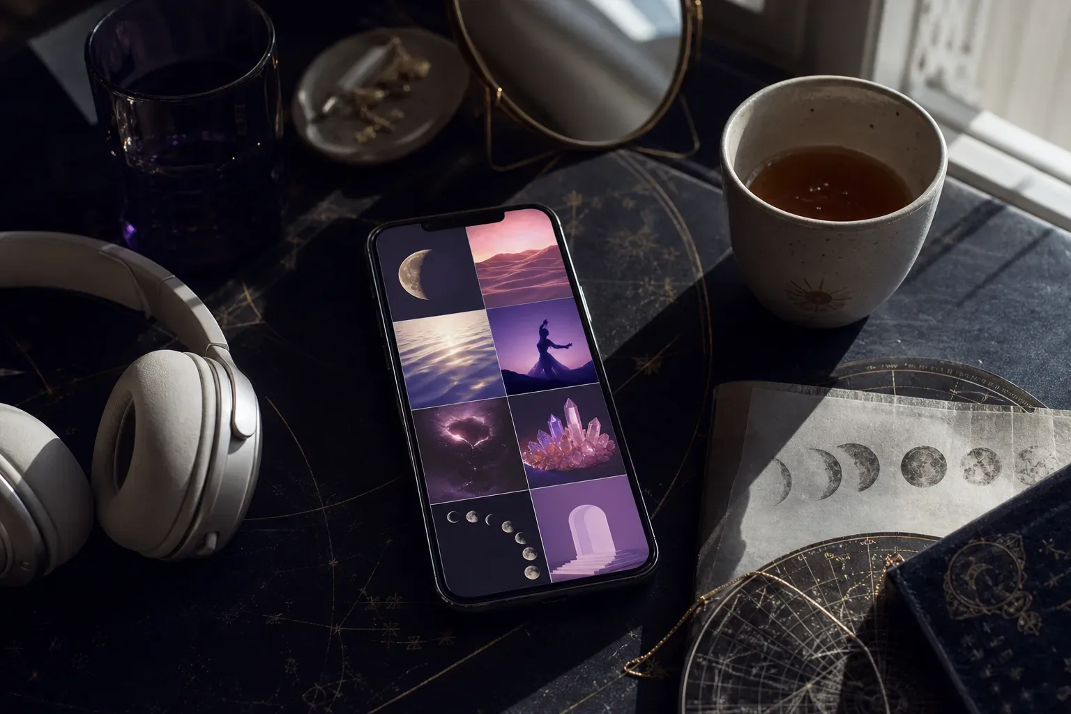 Phone vision board beside headphones on a quiet table