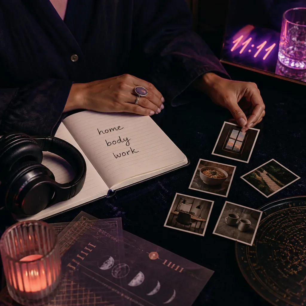 Hands sorting vision board images after audio