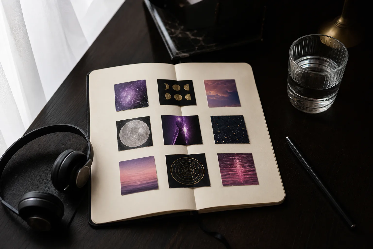 Notebook with quiet vision board and headphones