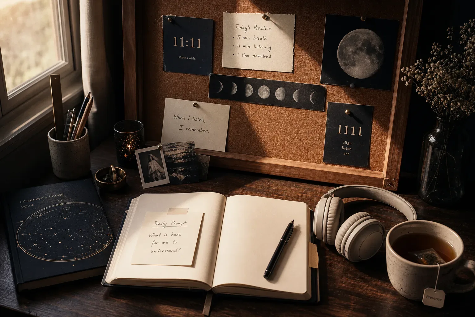 Quiet desk with vision board and headphones