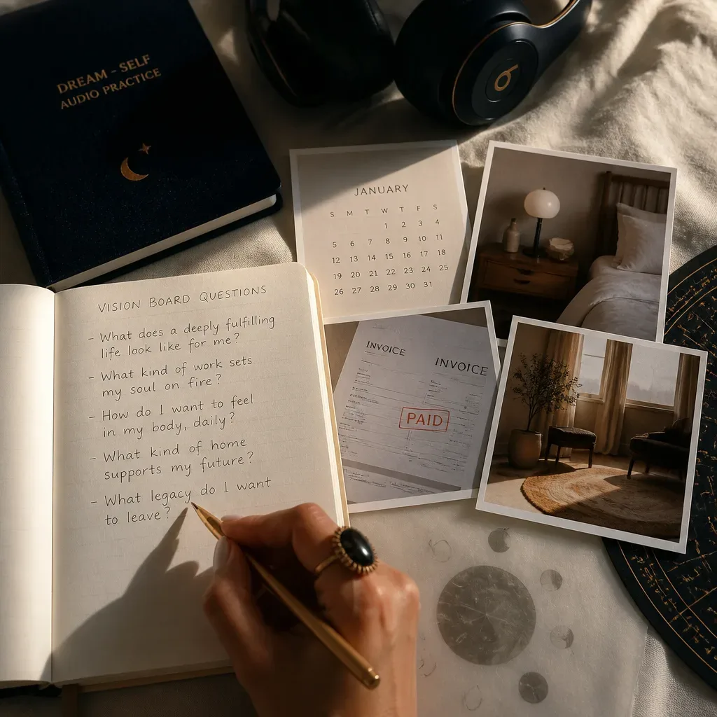 Hands writing vision board questions beside headphones