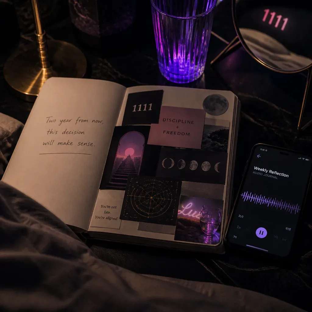 Minimal vision board beside phone and journal