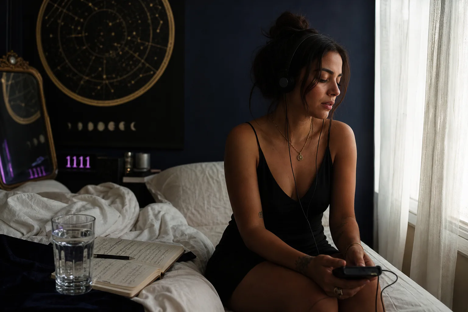 Woman listening quietly beside a morning window