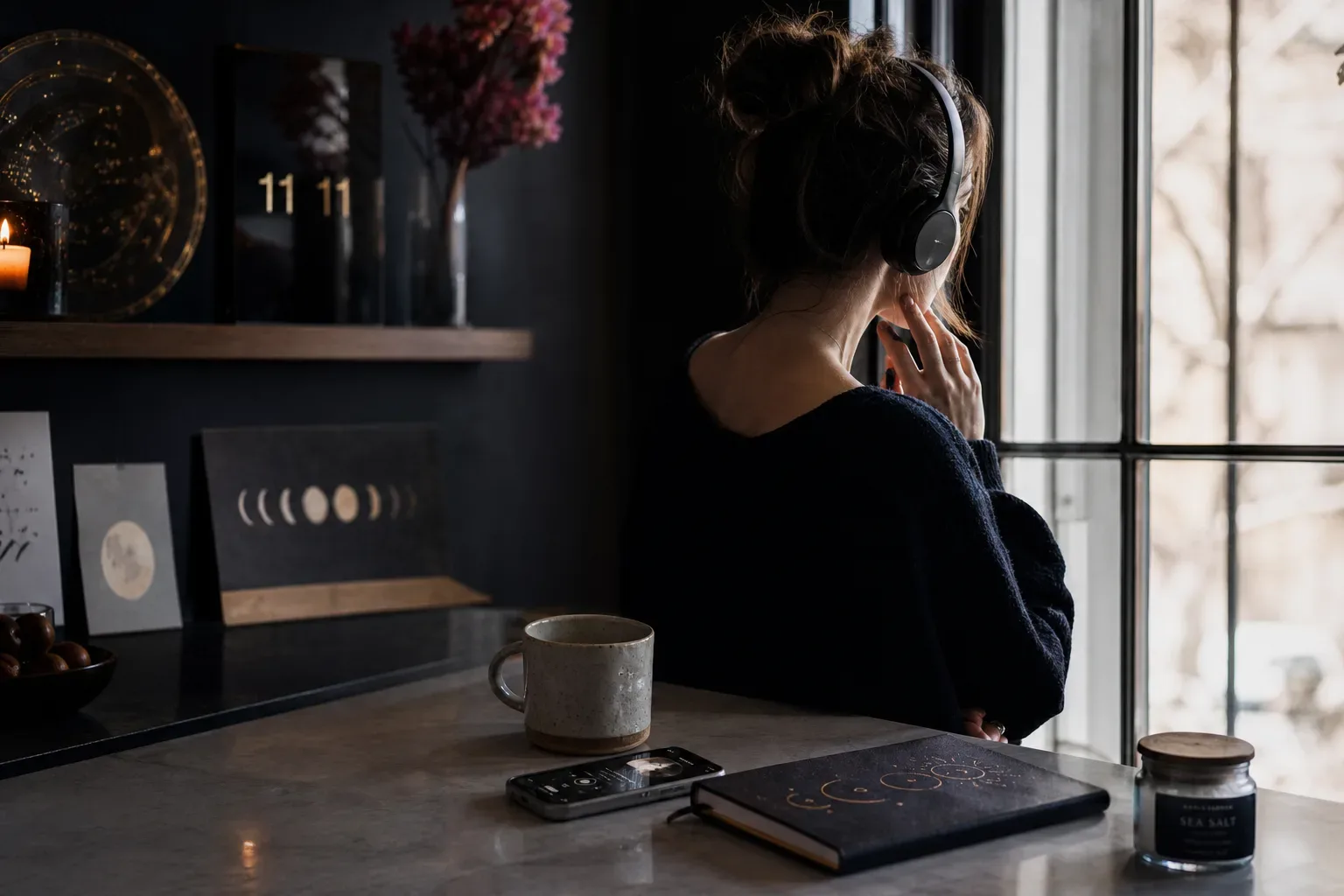 Woman listening quietly to audio beside a kitchen window