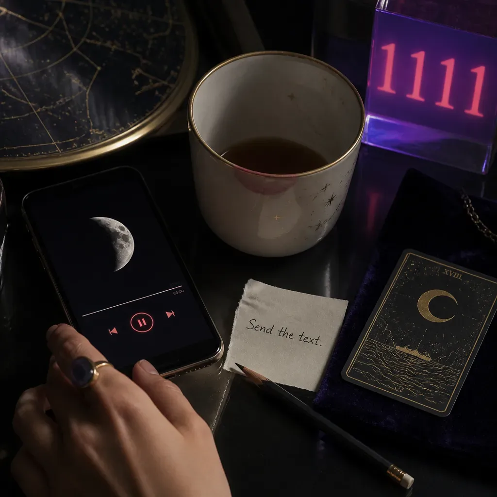 Phone and tea beside a handwritten manifestation note