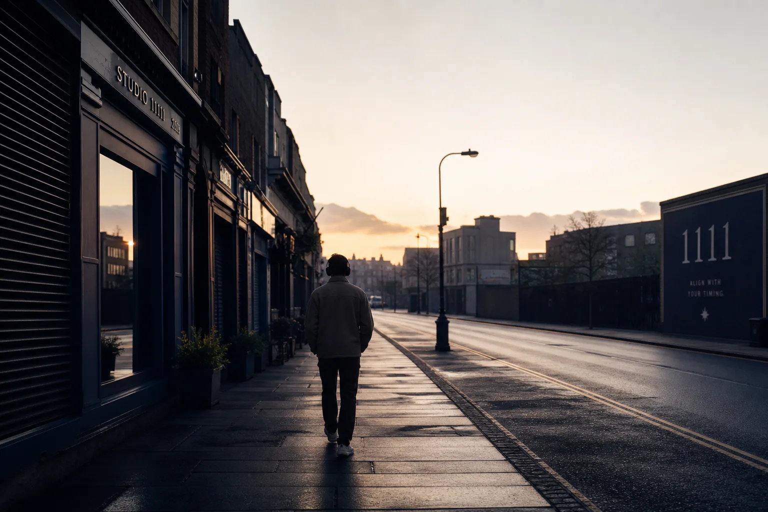 Person walking at dawn with headphones and soft light