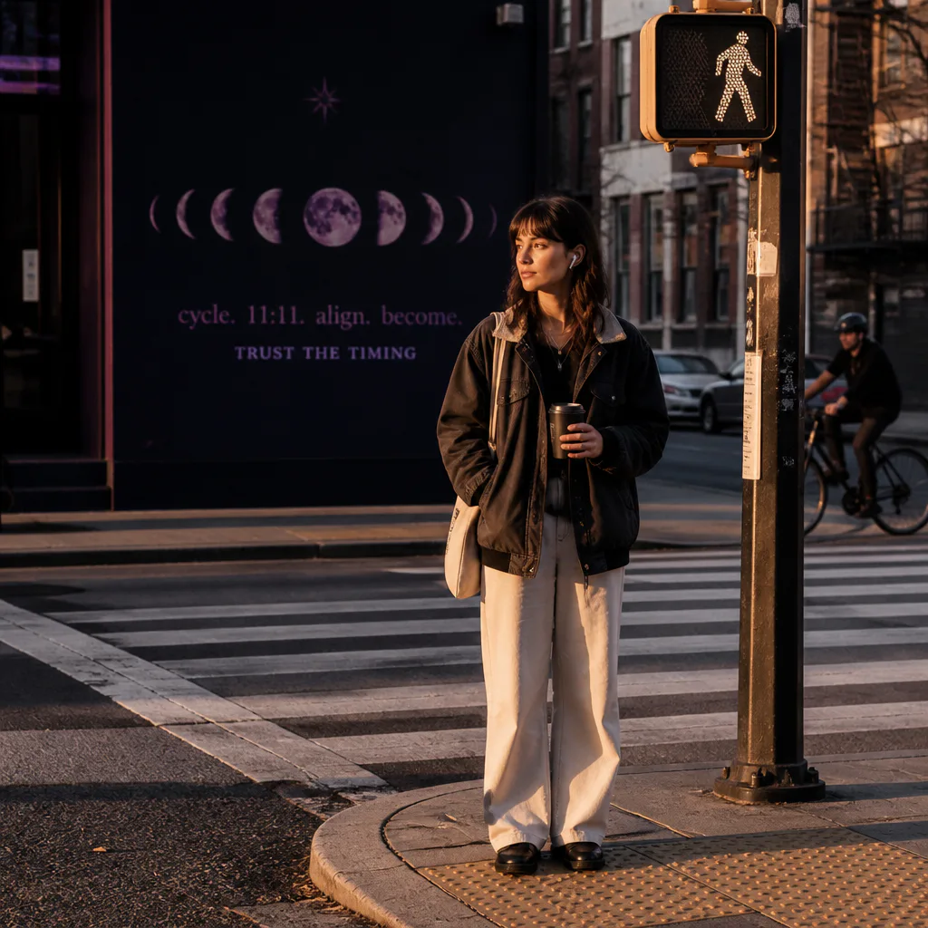 Person listening safely at a quiet crosswalk