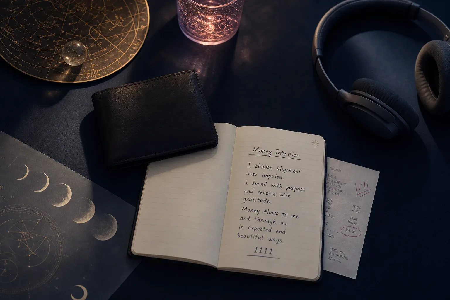 Quiet desk with headphones, notebook, and unopened wallet