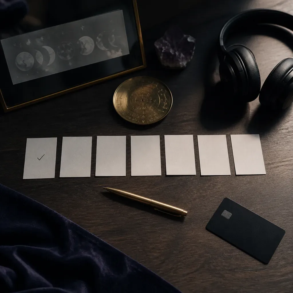 Seven practice cards with headphones and face-down card