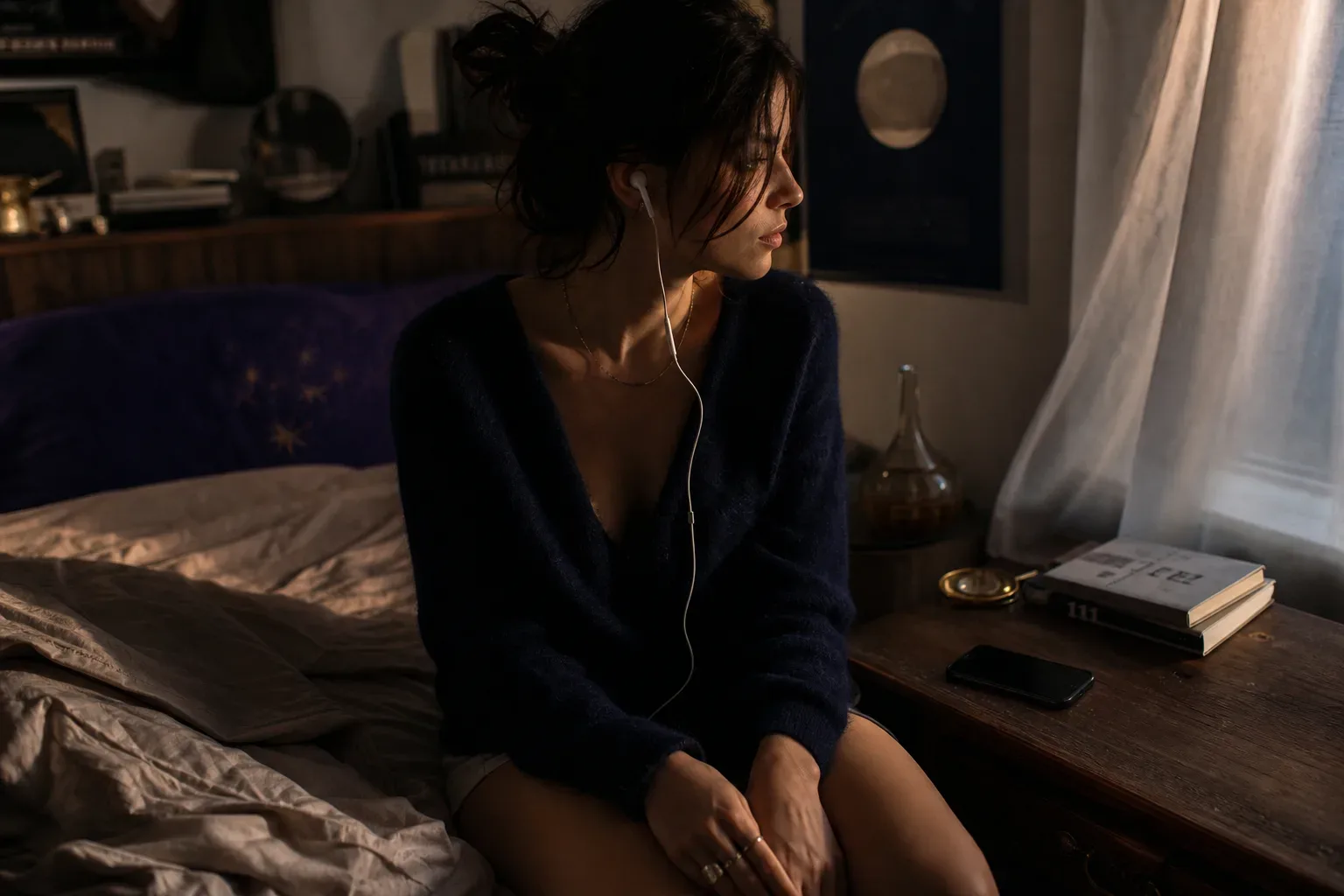 Woman listening quietly beside a dim bedroom window