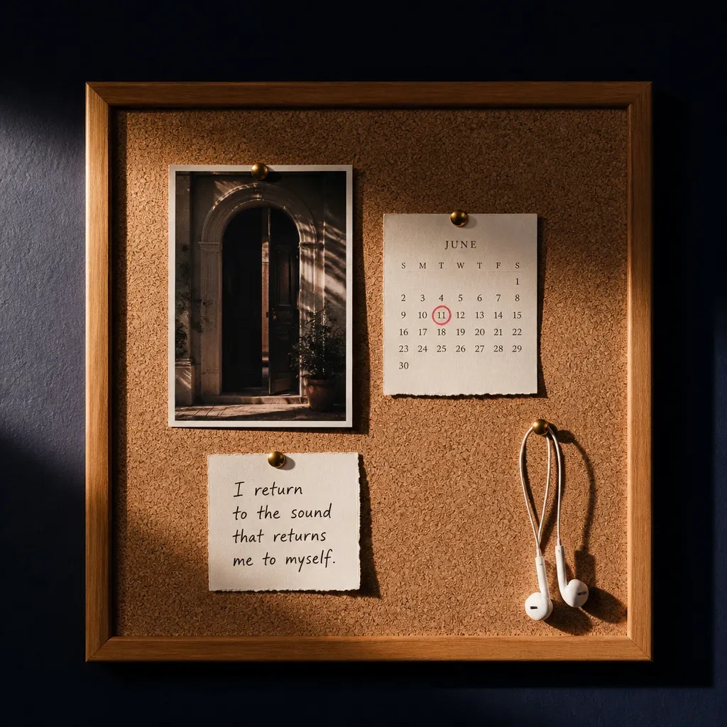 Vision board with affirmation card and earbuds