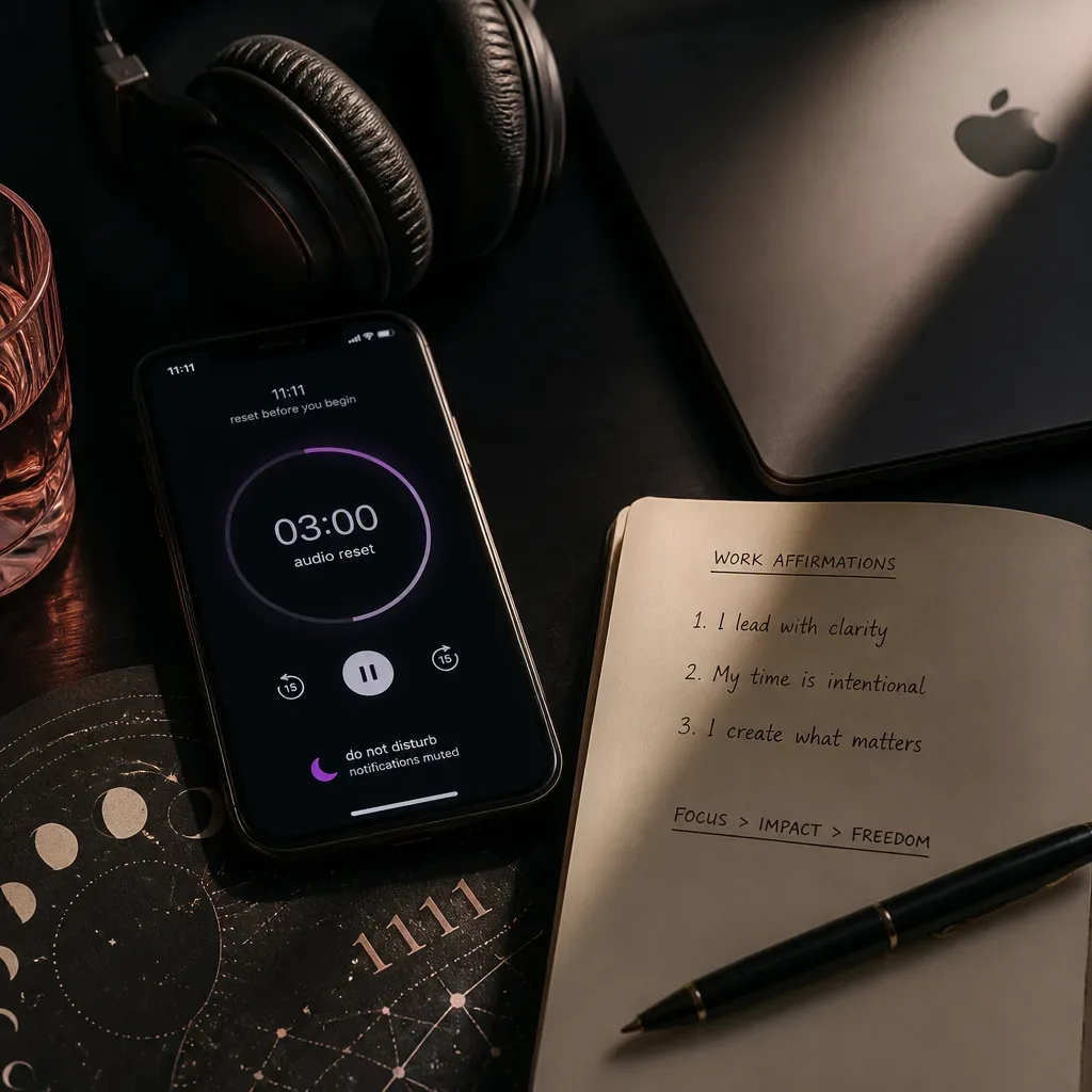 Phone playing audio beside handwritten work affirmations