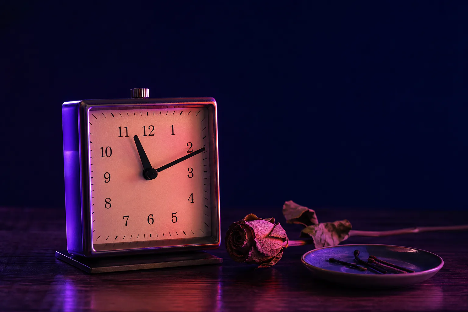 A close-up of an analog clock reading 11:11 in dim purple light, with a single dried rose beside it.