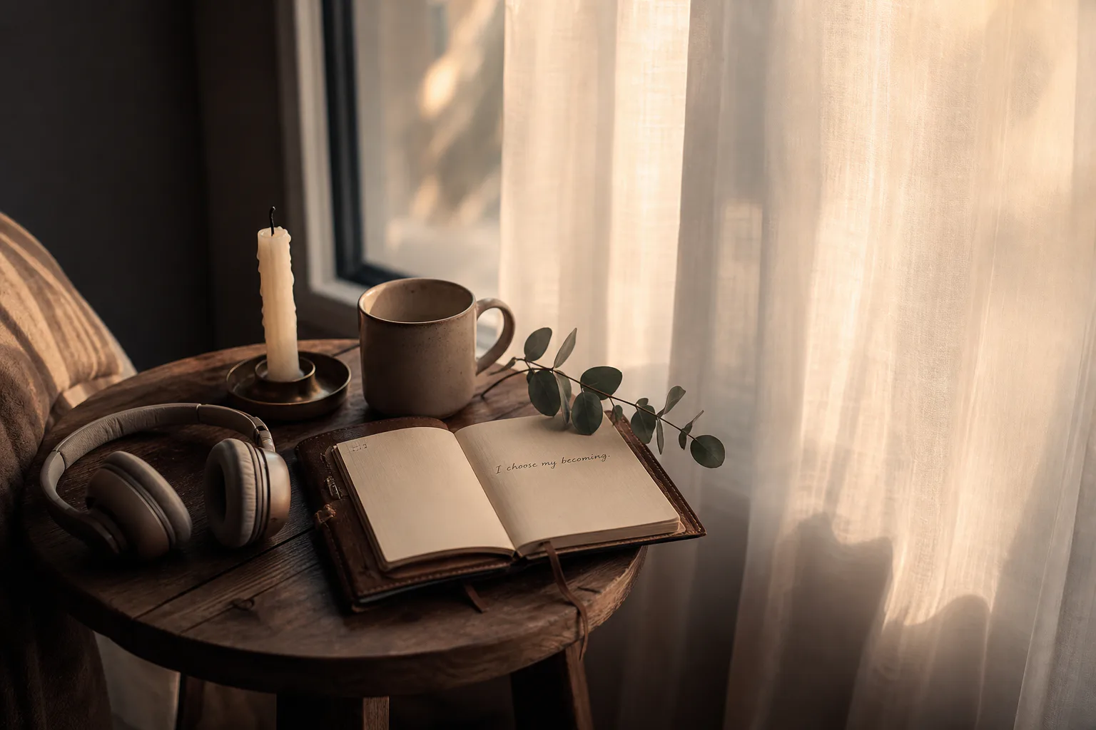 A small dimly-lit shrine with a single brass-rimmed mirror, a tarot card, and a votive candle on dark velvet.