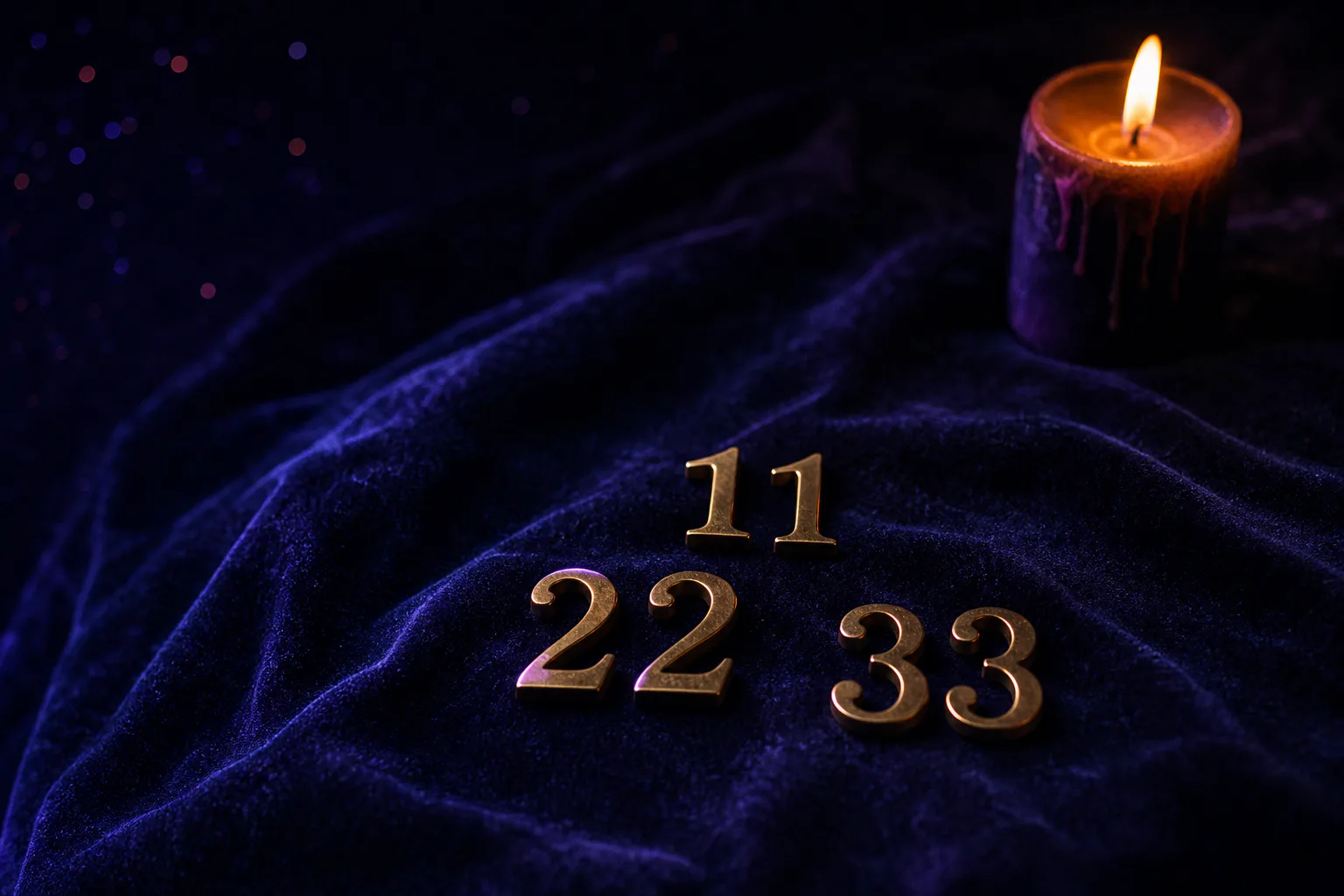 Three brass numerals — 11, 22, 33 — arranged on a velvet cloth in dim candlelight.