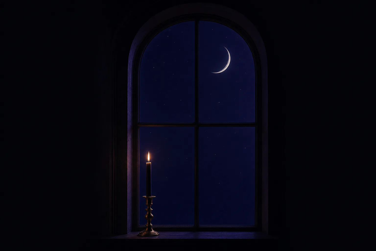 A crescent moon framed by a tall window with a single candle on the sill in deep midnight blue.