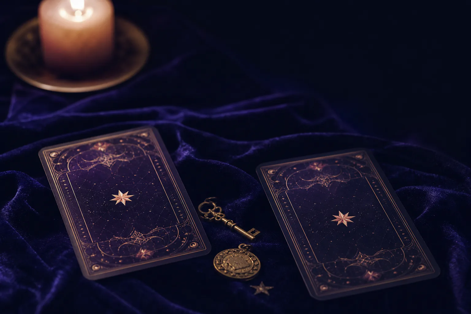 Two playing cards lying face-up showing matching symbols on dark velvet under candlelight.